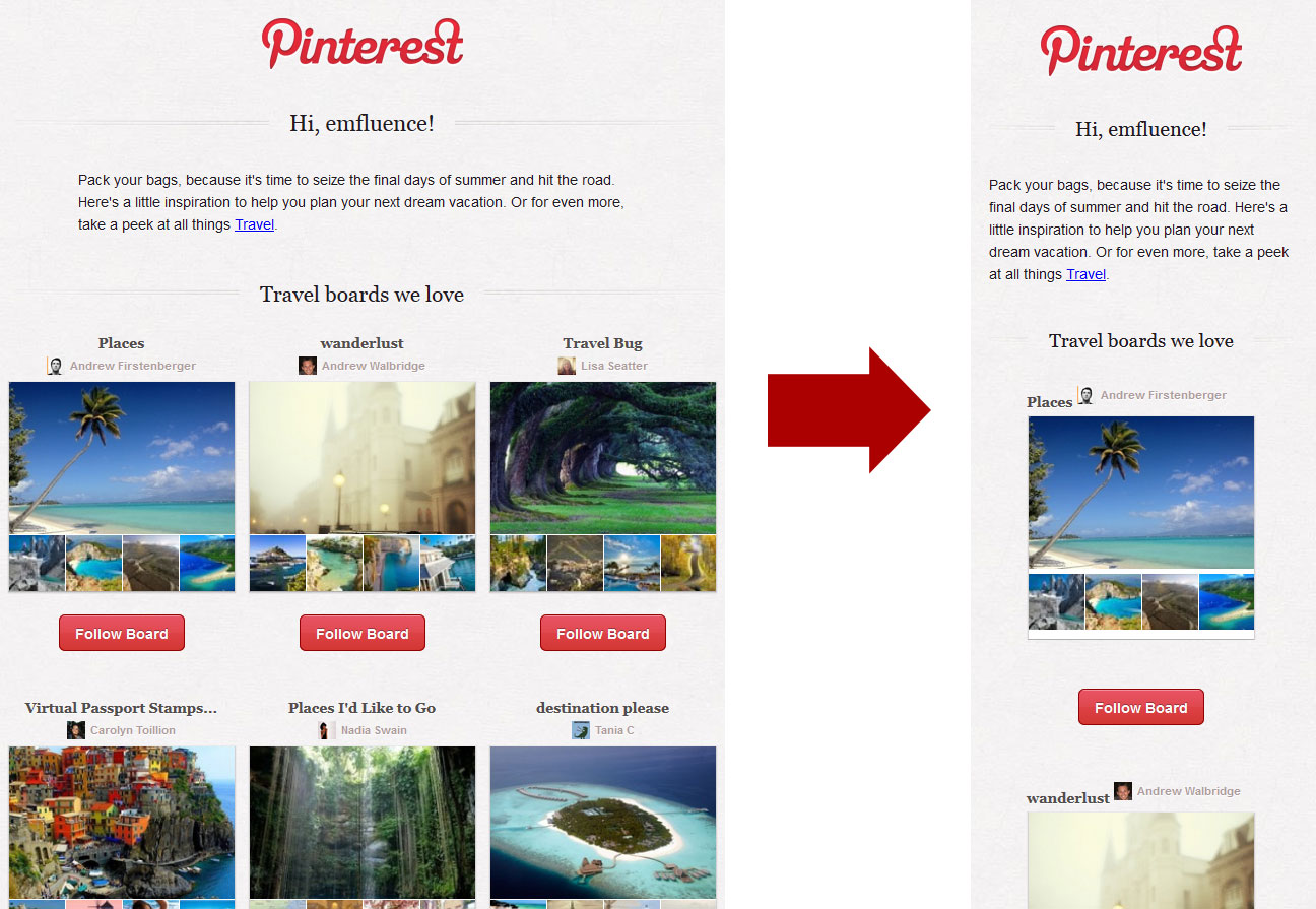 Pinterest uses adaptive email layouts