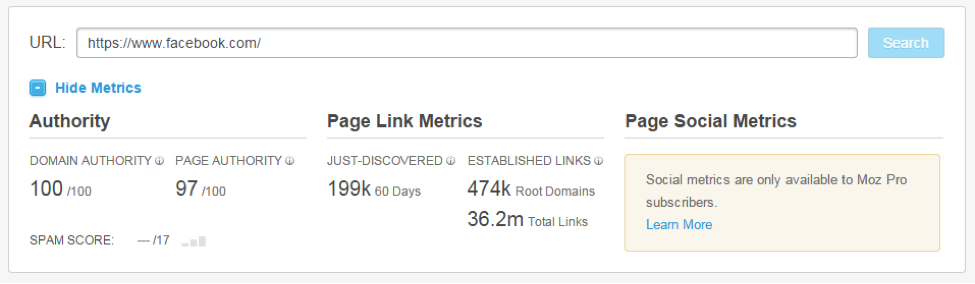 page authority and link metrics from SEO analytics