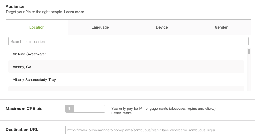 setting cpe and location targeting for paid pins