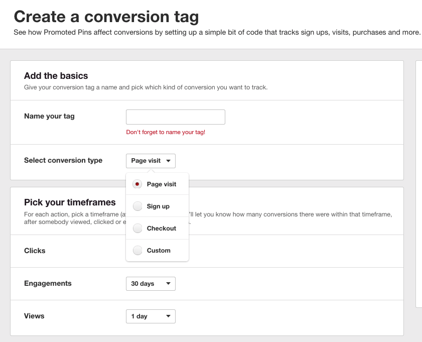 setting up pinterest conversion tag