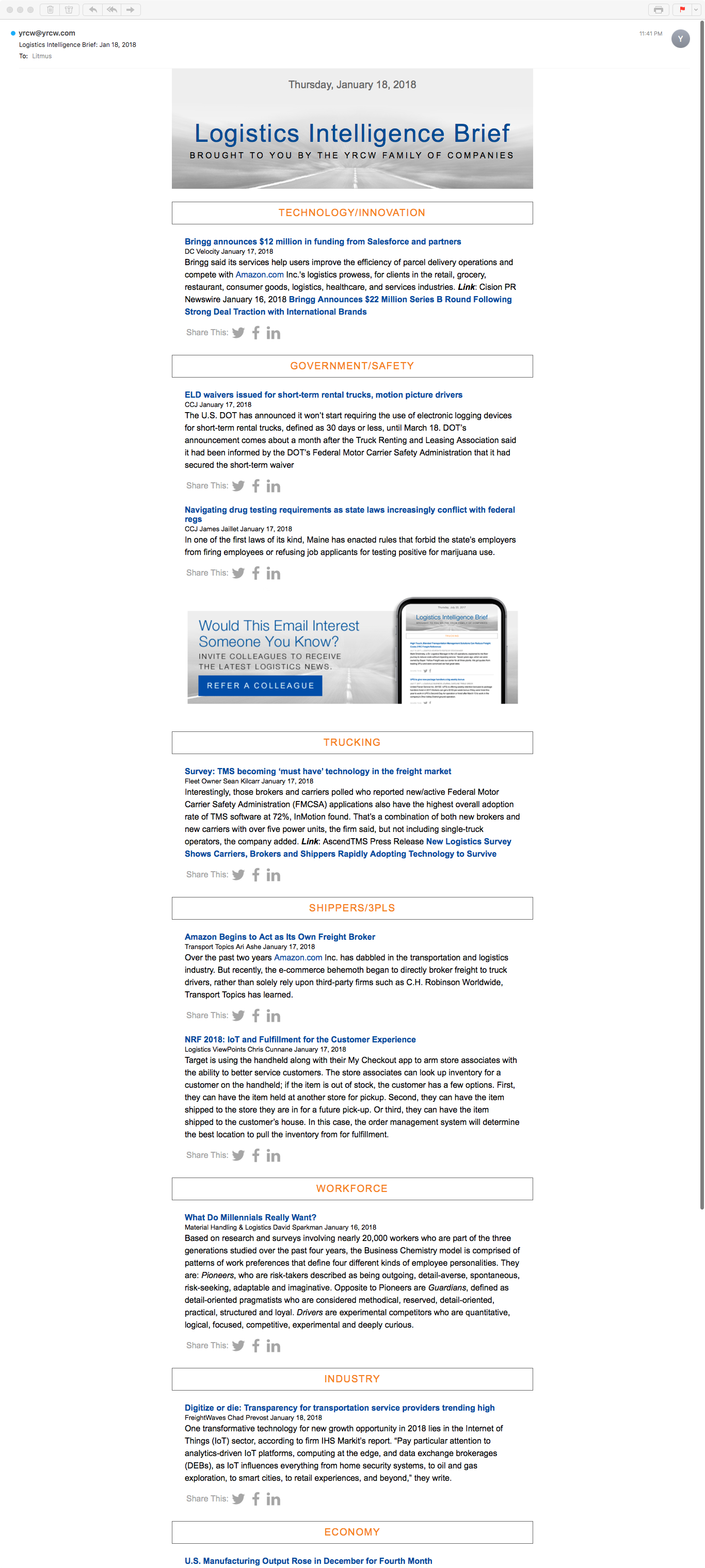 YRC Worldwide Logistics Intelligence Brief Email