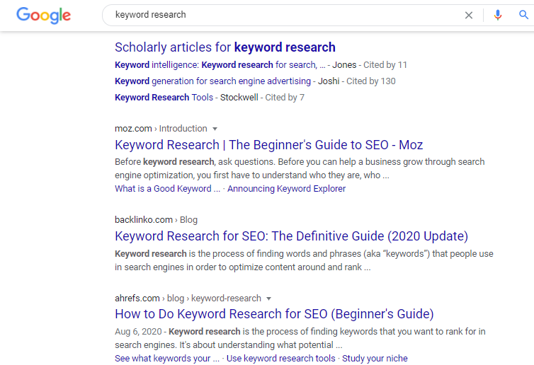 Google search results page for the search query keyword research.