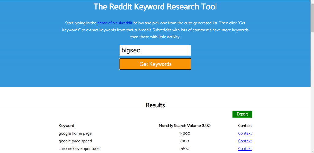 Screen shot of the keyword research tool Keyworddit.