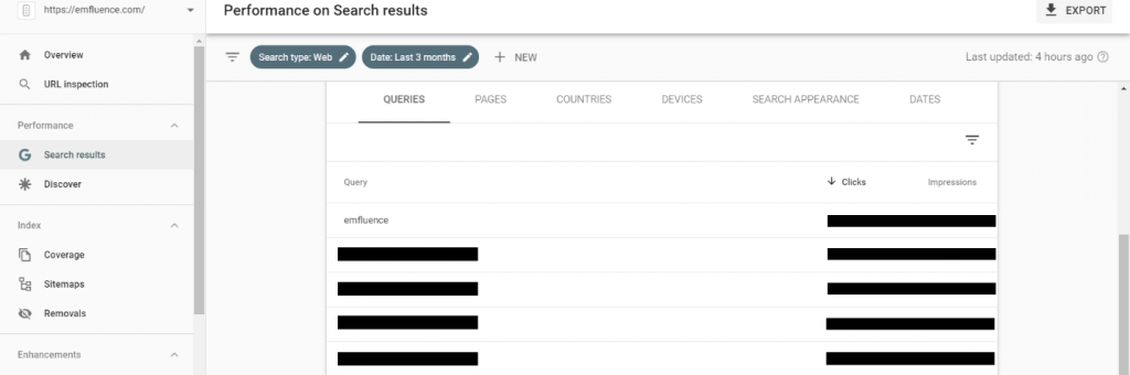 Screen shot of Google Search Console's query performance tool.