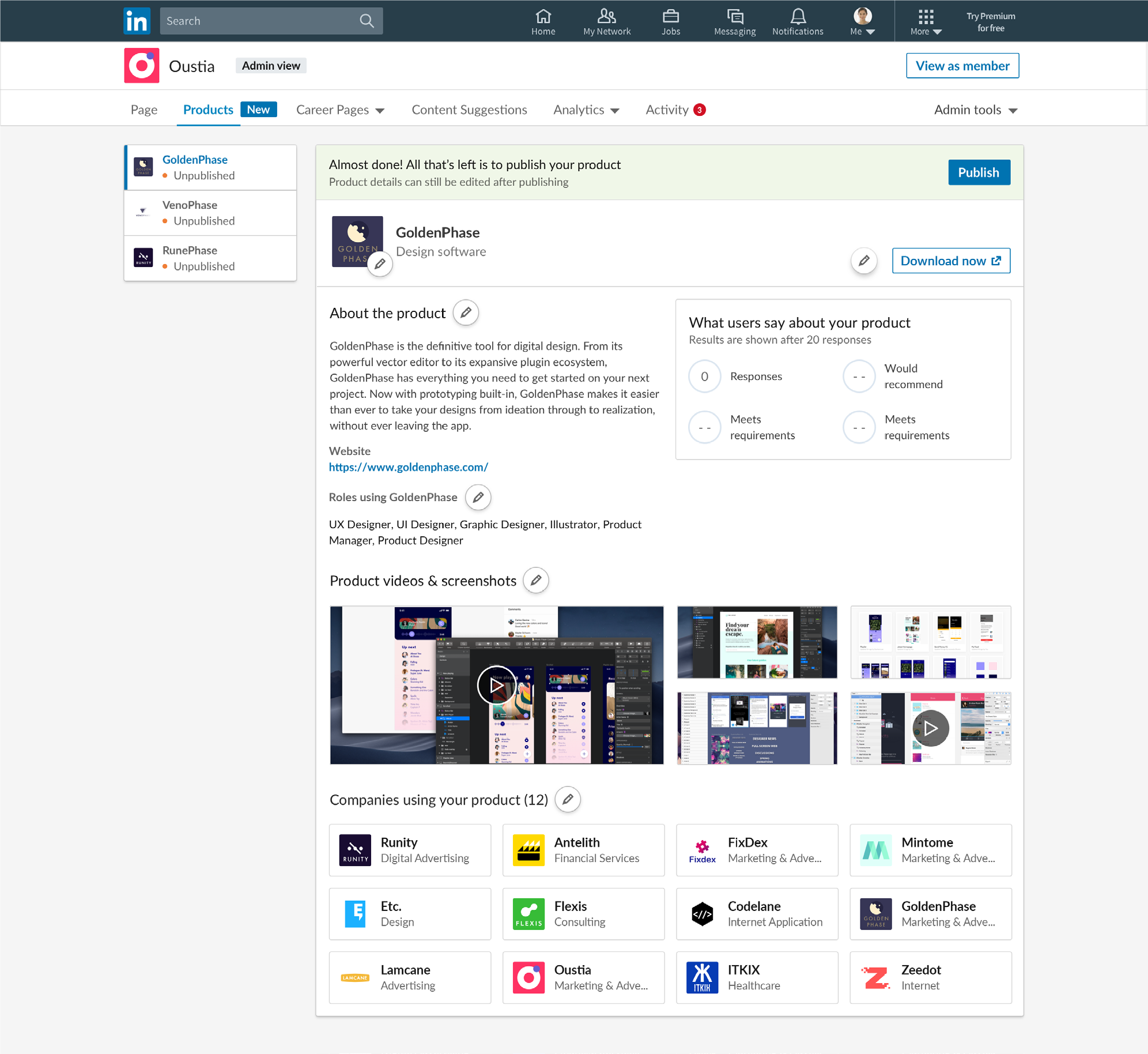 Example of a LinkedIn Products Page