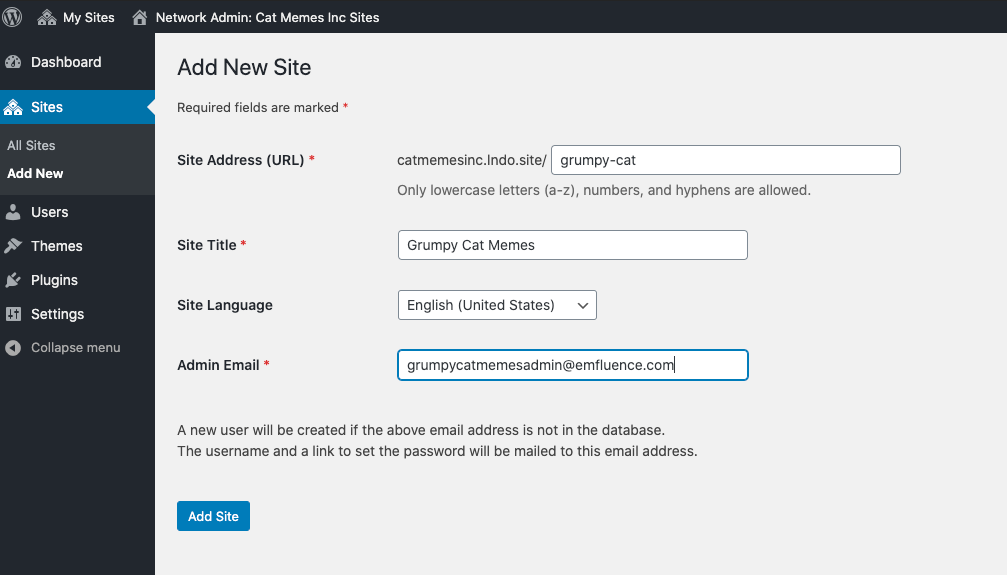 Image of WordPress 'Add New Site' Panel