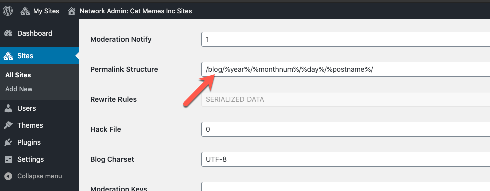 Image of WordPress Permalinks structure settings