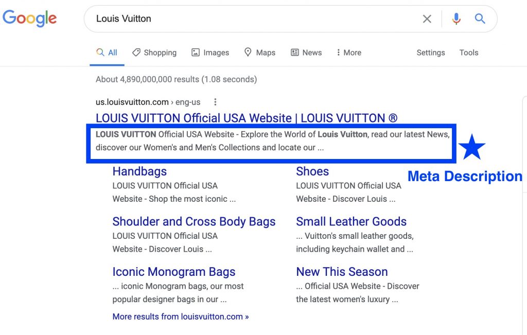 Screen capture of the Louis Vuitton website's meta description on Google