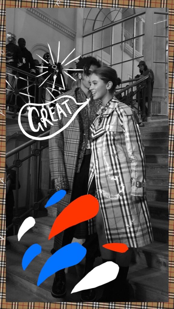 Black and white photograph of a model on a staircase in a Burberry raincoat in their iconic check pattern smiling with an illustration of a word bubble that says "Great" and red, white and blue raindrops with a Burberry check pattern border