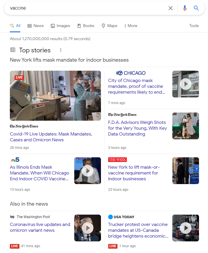 Screen capture of Google search results for "vaccine" showing multiple news articles about mask mandates, Coronavirus updates and omicron