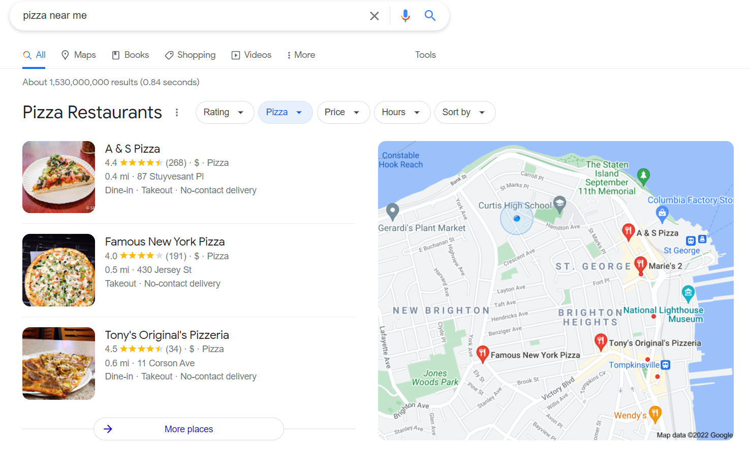 Screen capture of Google search results for "pizza near me" for the geographic location of Brooklyn, NY