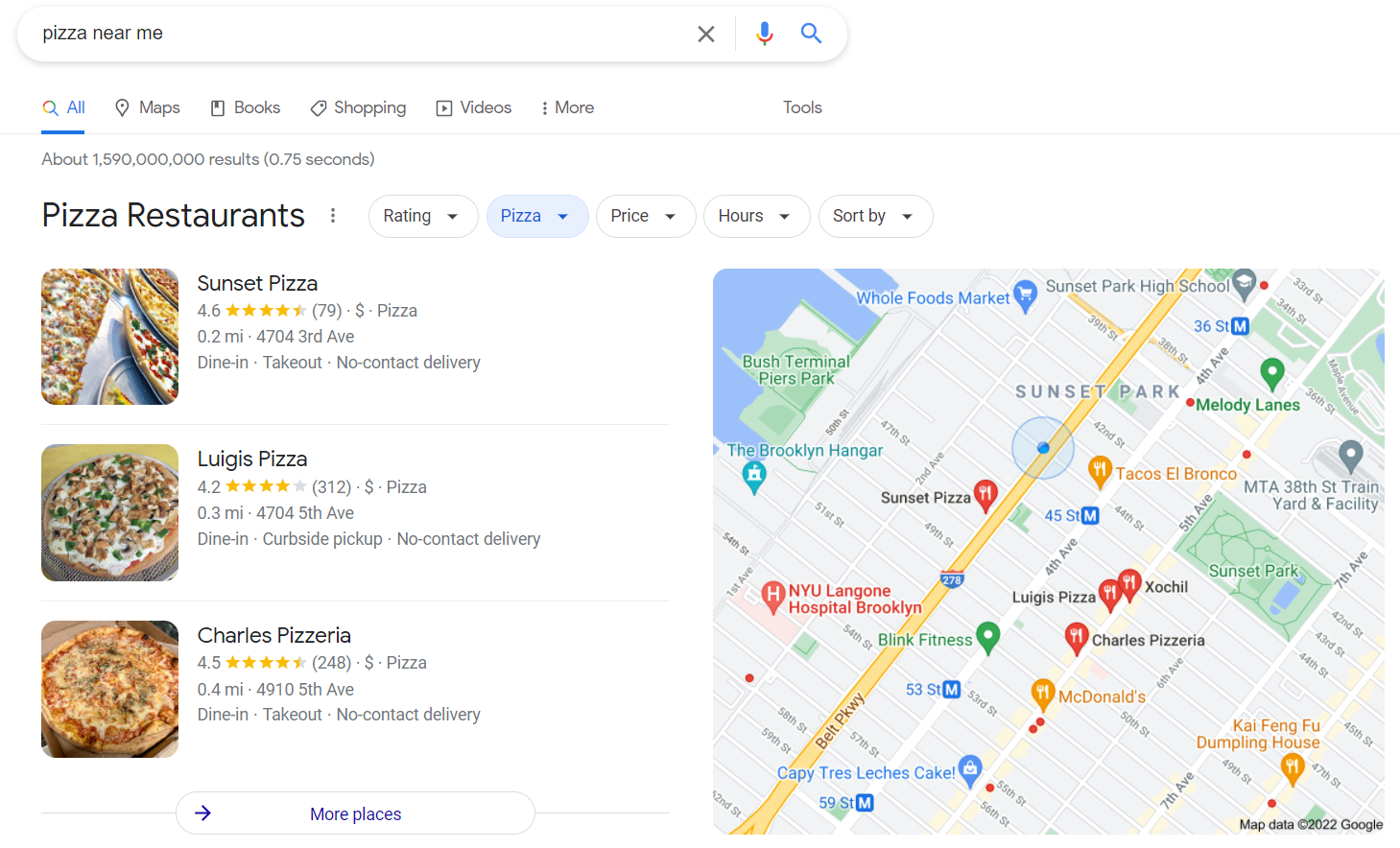 Screen capture of Google search results for "pizza near me" from the geographic location of Queens, NY