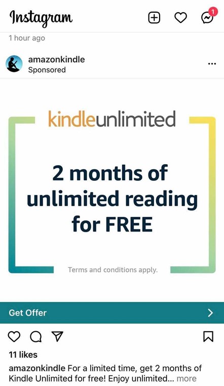 Kindle Instagram Ad advertising two months of unlimited reading for free with kindleunlimited