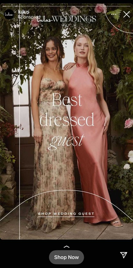 A Lulus Instagram ad with an image of two women in formal attire with the words "Best dressed guest"