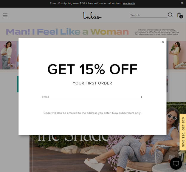 Screen capture of Lulus homepage on their website with a ribbon at the top advertising free shipping on orders over $50 and free returns, as well as a lightbox advertising 15% off your first order when you provide your email