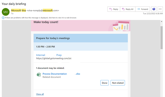 Screen capture of a Microsoft Viva email showing today's meetings with related documents found in the recipient's inbox