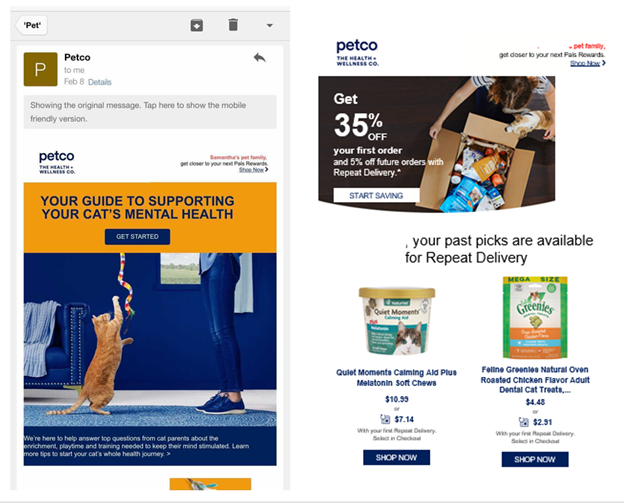 Screen capture of two Petco emails. The first contains a link to a guide to supporting your cat's mental health. The second is promoting Petco's Repeat Delivery service with images/links of previous purchases the recipient has made.