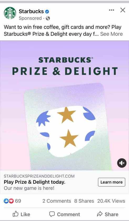 Starbucks Facebook ad advertising their Prize & Delight Game which customers can play to win free coffee, gift cards, and more