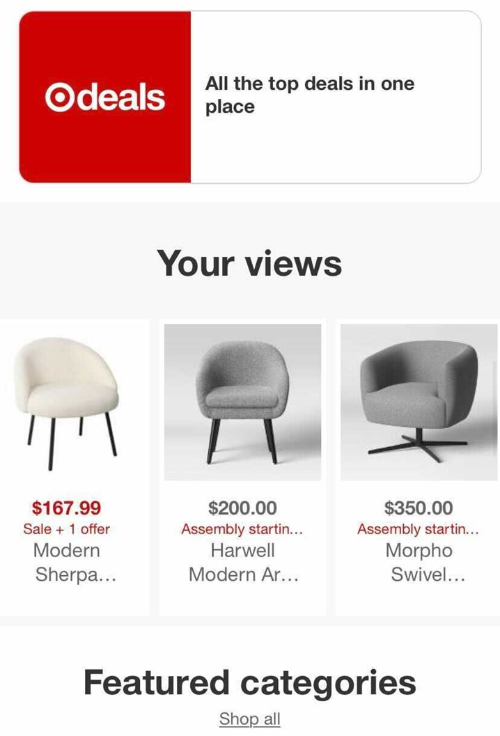 Screen capture of the Target homepage with a carousel of accent chairs that the visitor recently looked at