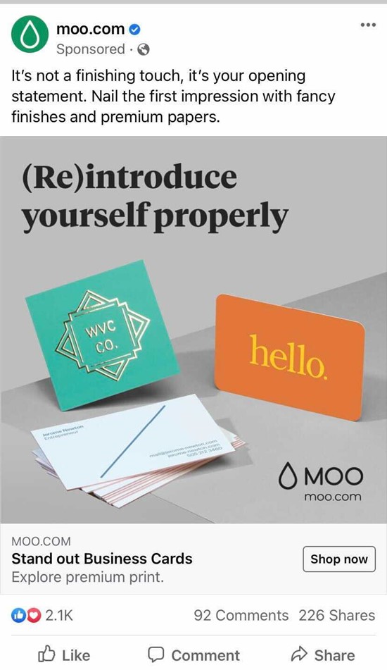 A Facebook Ad from Moo that includes an image with a gray background with images of business cards that reads: "(Re)introduce yourself properly"