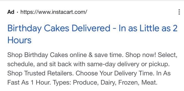 Instaccart Google ad advertising birthday cakes available for delivery in as a little as two hours