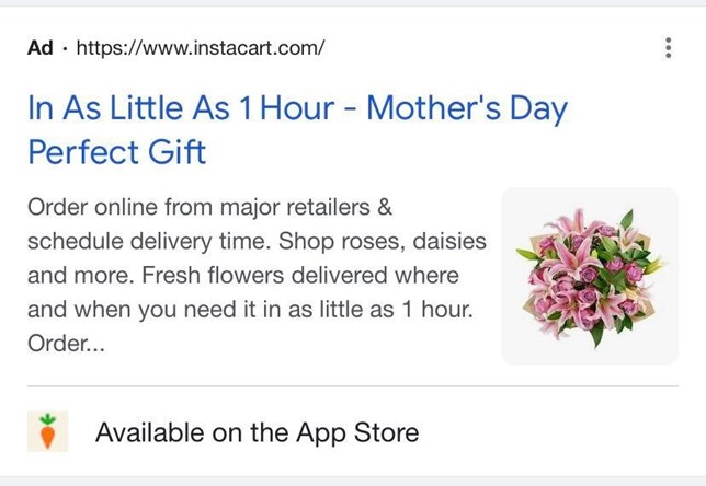 Instacart Google ad advertising Mother's Day gifts available for delivery in as little as one hour