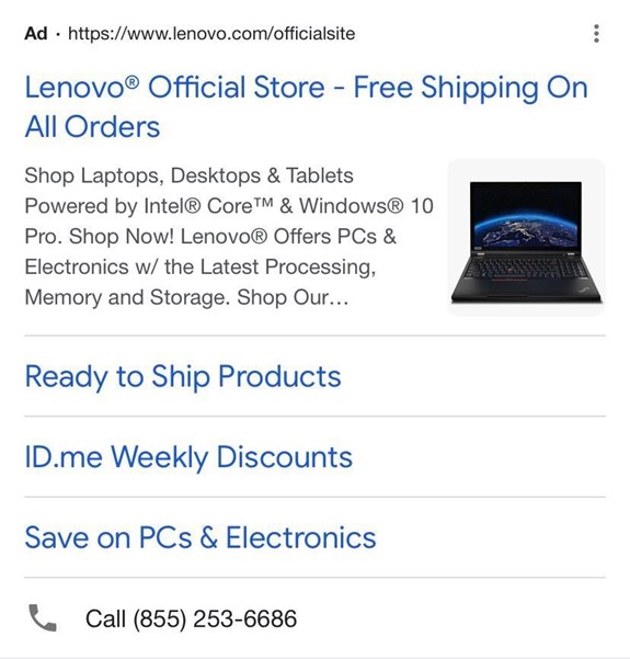 Lenovo Google ad advertising free shipping on all orders