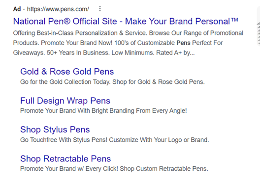 National Pen Google ad advertising various styles of pens that are customizable