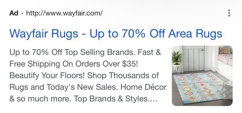 Wayfair Google ad advertising up to 70% off area rugs
