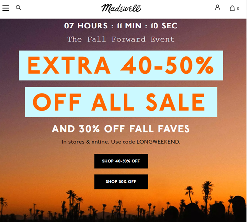 An image promoting the Madewell Fall Forward Event with 40-50% extra off all sale items and 30% off fall faves