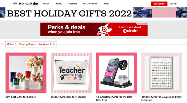Screen capture of Woman's Day 2022 Holiday Gift Guide featuring best gifts ideas for seniors, teachers, bosses and couples.