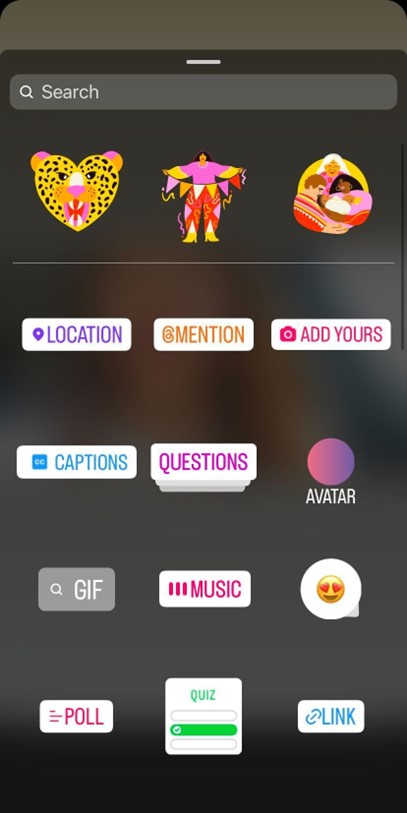 Swipe up menu on Instagram Stories showing stickers and options to add a location, mention, image, captions, questions, avatar, GIF, music, emojis, poll, quiz and link.