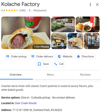 Google Business listing for the Kolache Factory in Overland Park, KS. White background with black lettering that includes images of kolaches, a restaurant description, service options, address, etc.