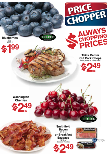 A Price Chopper ad with weekly deals. White background with the red and blue Price Chopper logo and slogan "Always chopping prices" in the upper right corner. Images of produce and meat with discounted prices next to them in red.