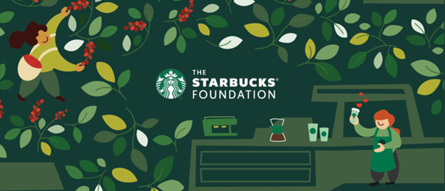 An illustration promoting the Starbucks Foundation. Dark green background with foliage in white, red and different shades of green. A person next to a cup of coffee is in the foliage, while another person stands at a counter holding up a cup of coffee with red hearts coming out of the top. In the middle, is The Starbucks Foundation logo.